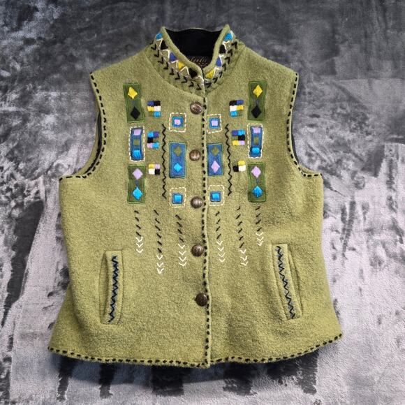 Icelandic Jackets & Blazers - Icelandic Design Womens Wool Vest Embroidered Green Button Up Size S